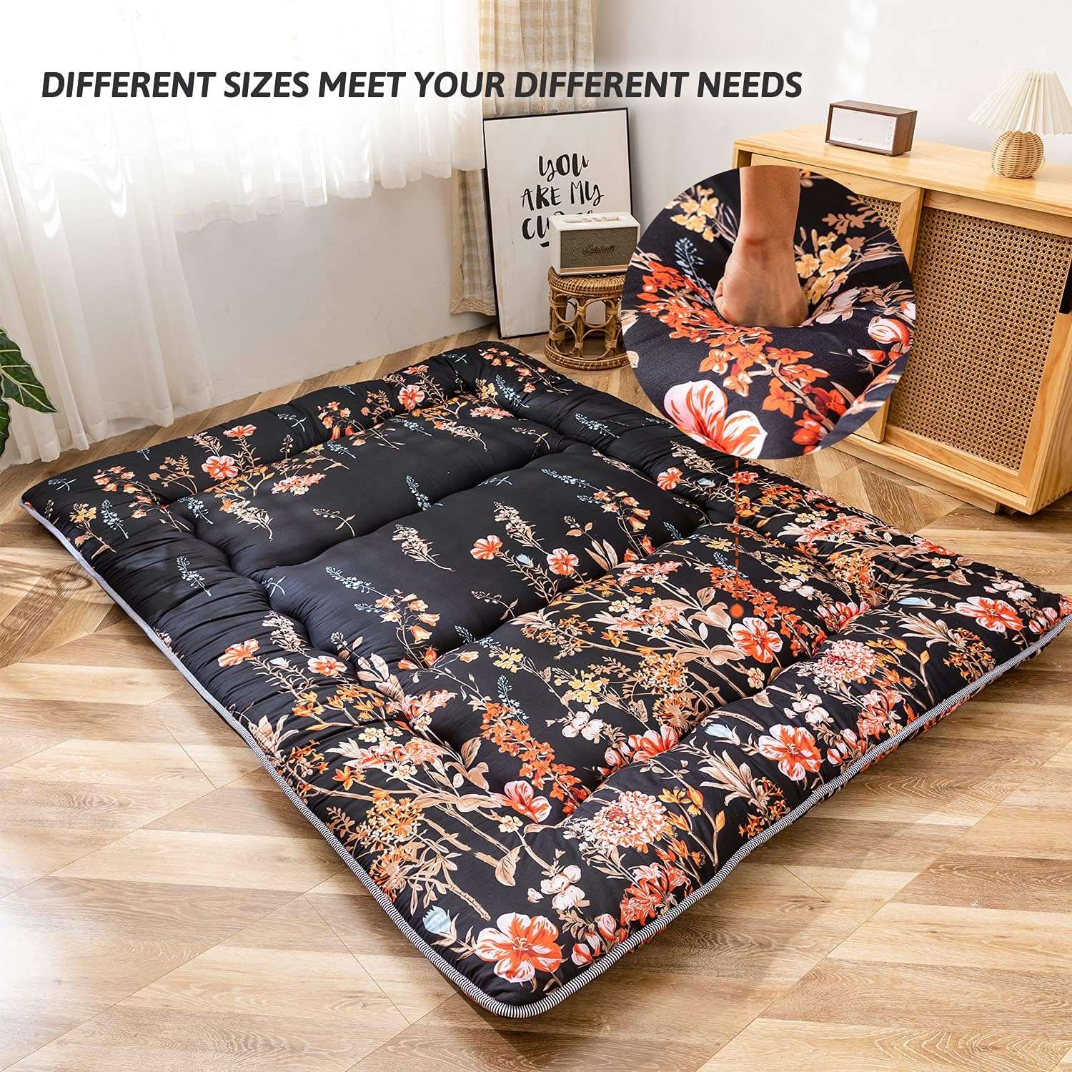 Black Floral Japanese Futon Floor Mattress, Bed Mattress Topper Portable Thick Sleeping Pad Floor Bed Roll Up Camping Mattress Folding Couch Bed Mattress Pad for Guest Room, Twin Size