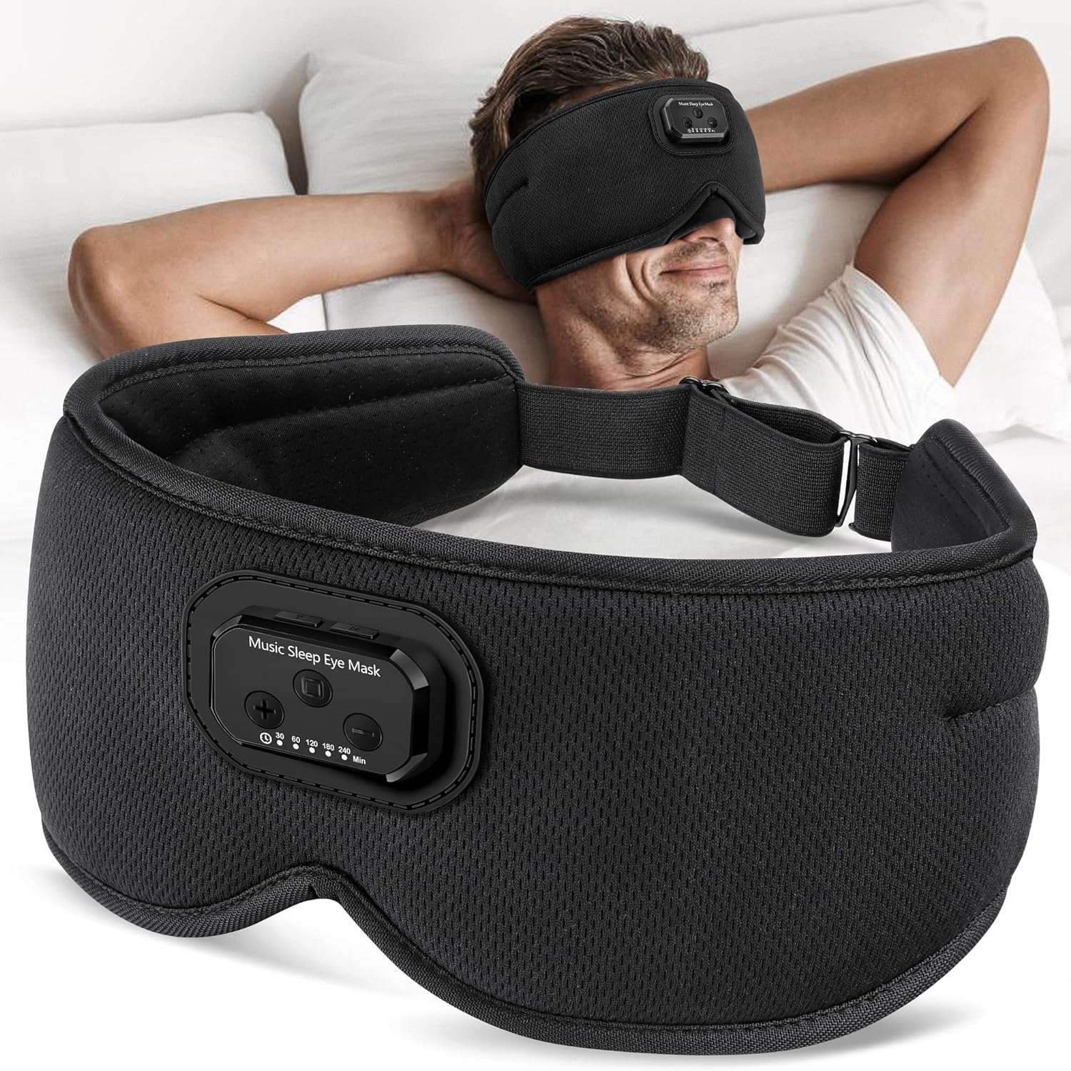 Flashmen Bluetooth Sleep Mask with White Noise Timer Sleep Mask for Side Sleeper Auto-Off Block Out Light Cooling Eye Sleep Mask with Bluetooth Headphones