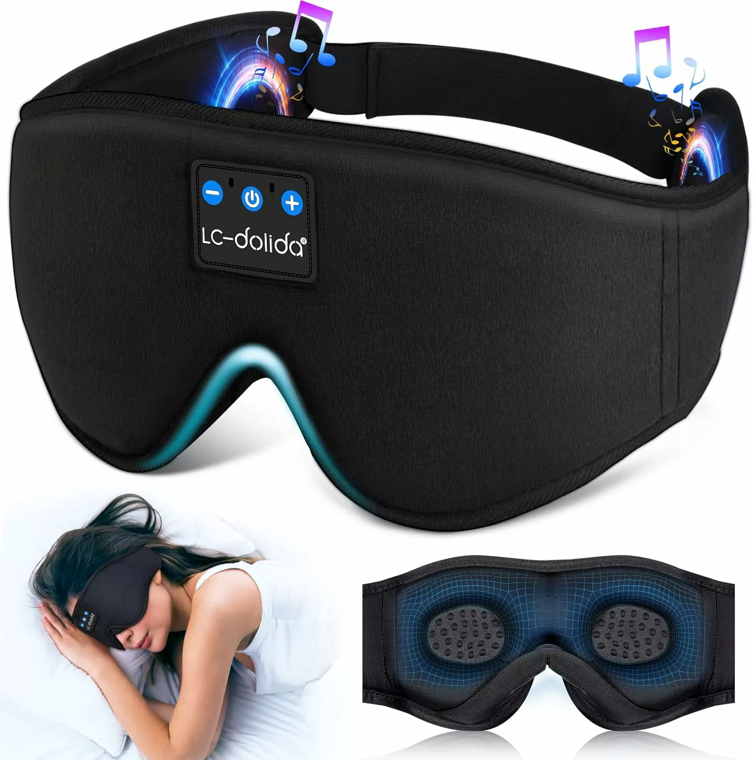 LC-dolida Sleep Mask with Bluetooth Headphones Bluetooth Sleep Mask Sleep Headphones,3D Eye Mask for Sleeping Mask Music Sleeping Headphones for Side Sleepers Meditation Gifts Gadgets for Men Women