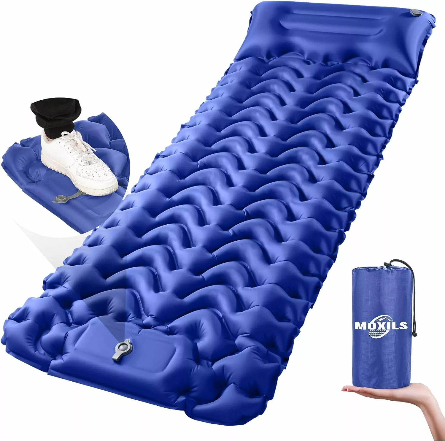 MOXILS Sleeping Pad Ultralight Inflatable Sleeping Pad for Camping, 75X25, Built-in Pump, Ultimate for Camping, Hiking - Airpad, Carry Bag, Repair Kit - Compact  Lightweight Air Mattress(Blue)