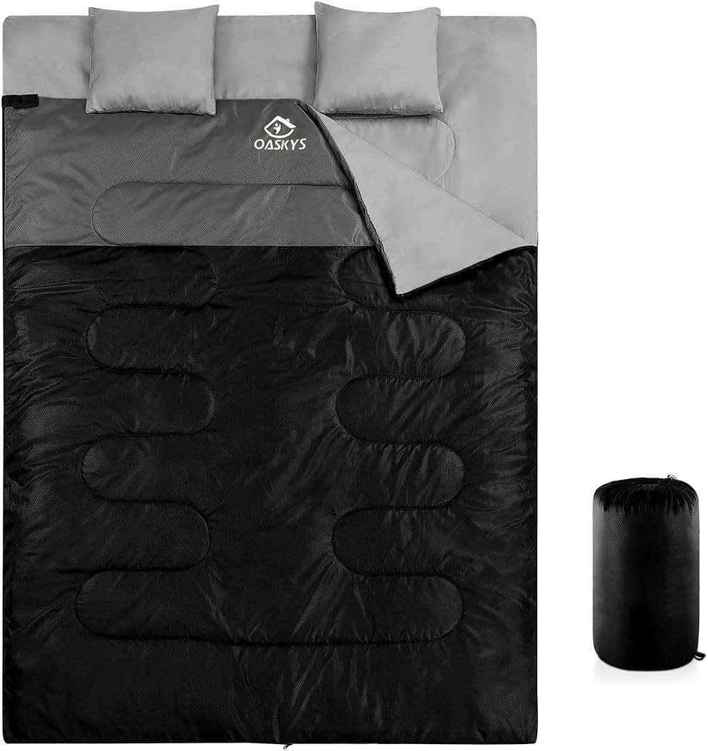 oaskys Double Sleeping Bag for Adults with 2 Pillows - Queen Size XL Waterproof Sleeping Bag for All Season Camping Hiking Backpacking 2 Person Sleeping Bags for Cold Weather  Warm