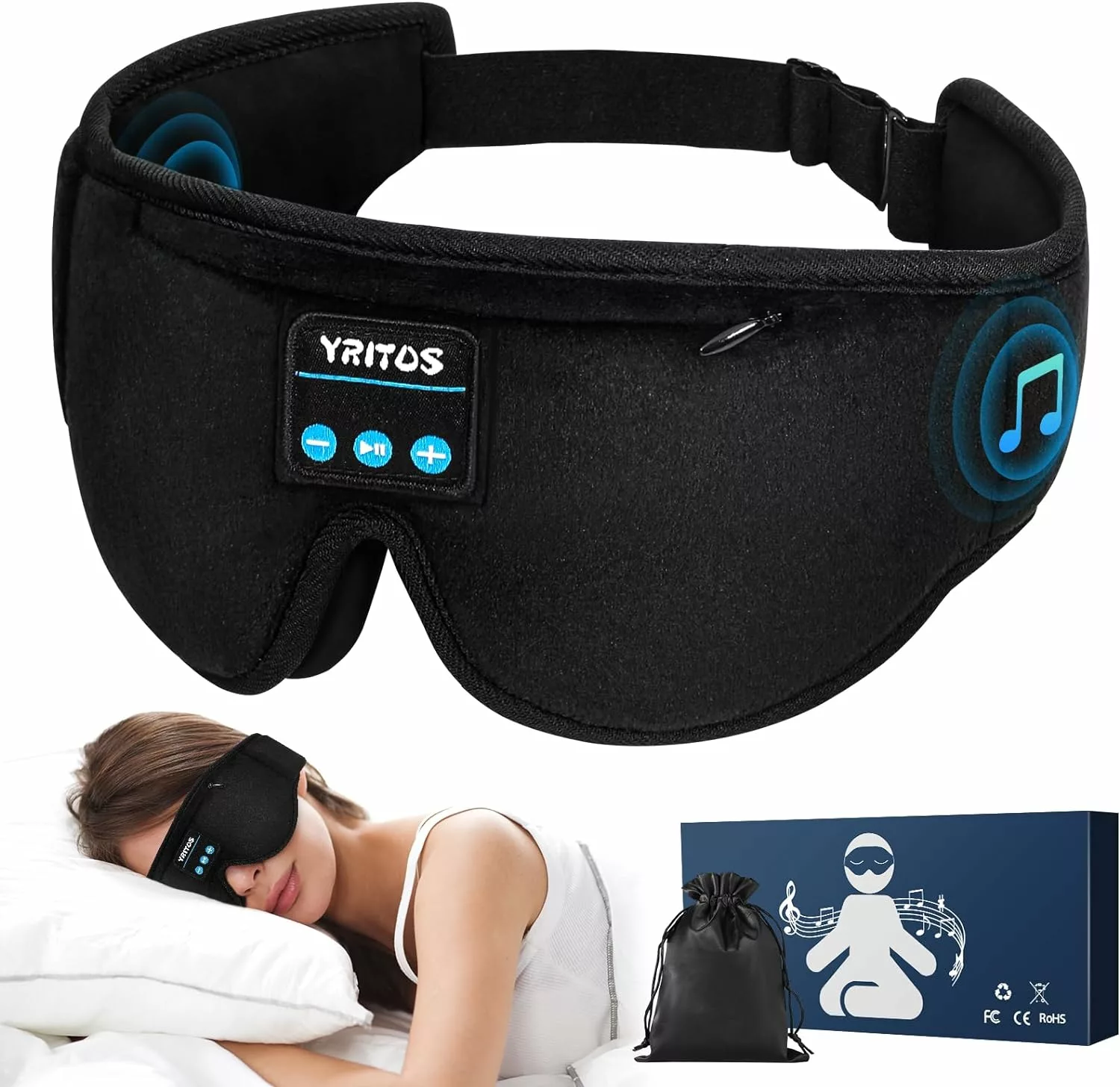 Sleep Headphones Wireless Sleep Mask - YRITOS Sleep Mask with Wireless Headphones, Washable Sleep Mask Headphones with Adjustable Ultra Thin Stereo Speakers Microphone Hands Free for Travel